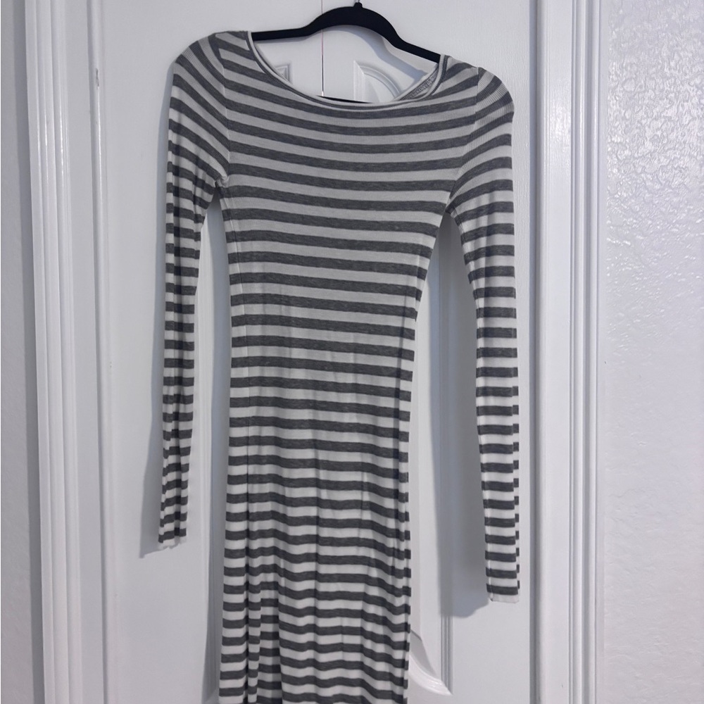 Striped Gray and White Long Sleeve Dress
